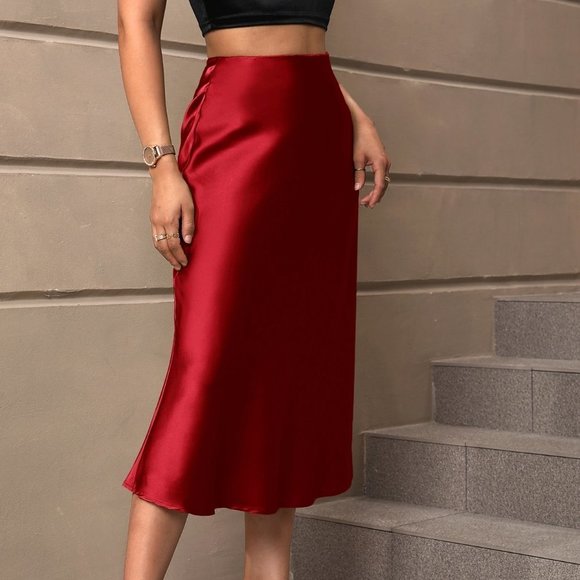 Red Preppy Womens High Waist Satin Skirt - Picture 4 of 5